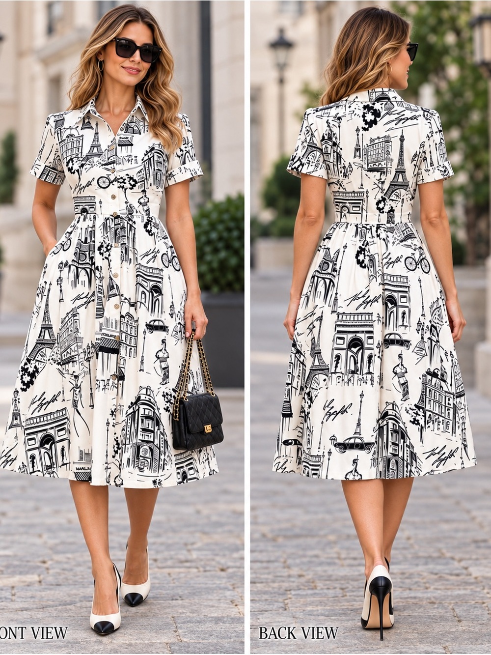 Karl Lagerfeld Paris Sketch Print Black White Fit Flare Midi Shirt Dress Wmns 14